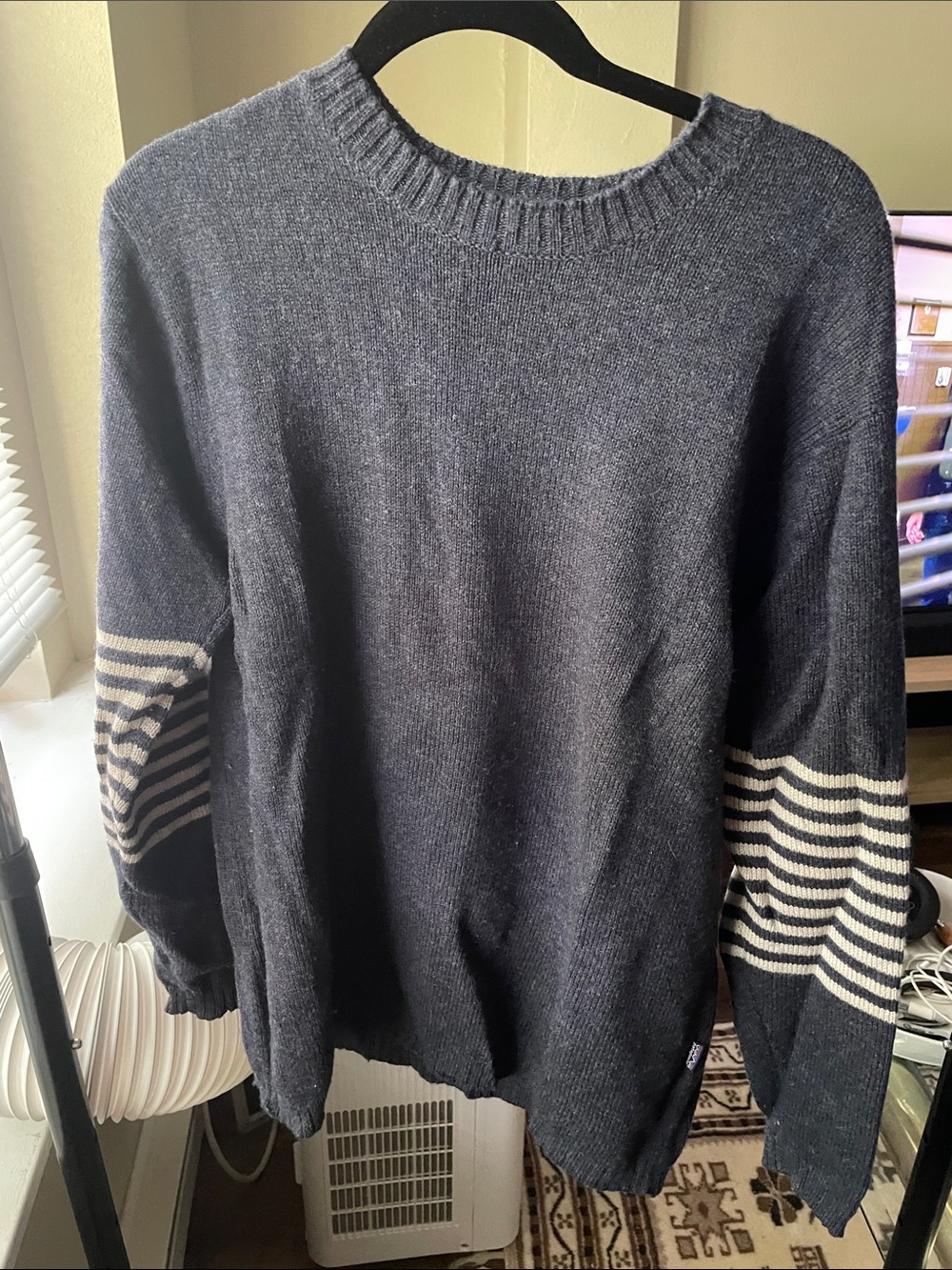 Patagonia Men's Navy Crewneck Sweater with Contrast Striped Sleeves